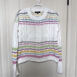 525 America 100% Cotton White Cable Knit Sweater with Pastel Stripes, Preppy